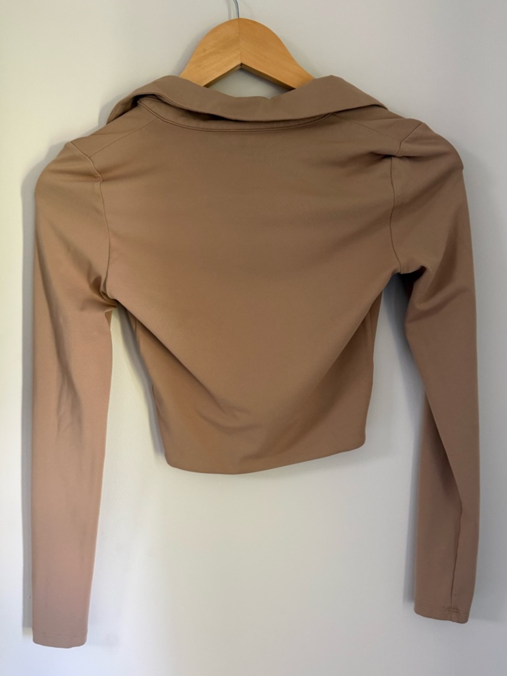 BABATON ARITZIA Collared V Neck Crop Top Long Sleeve Taupe Tan Size XS GUC - Picture 9 of 13